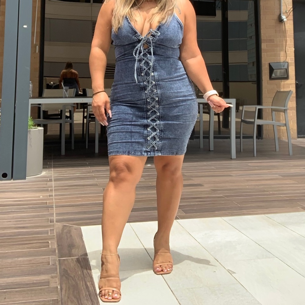 Lace up denim dress